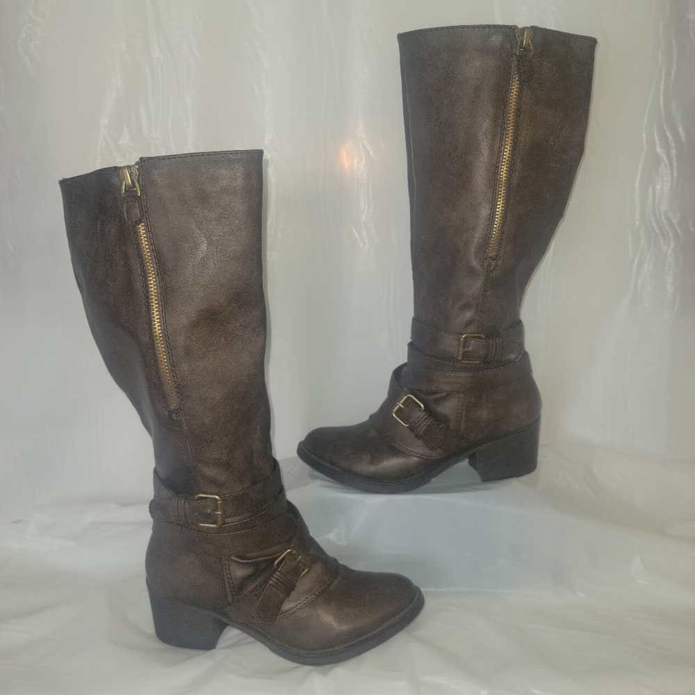 SO Heeled Knee High Brown Leather Boots Size 7.5 Pre Loved Condition